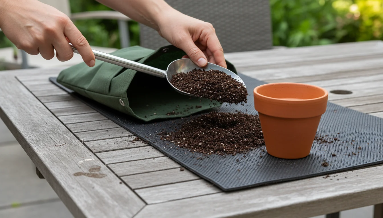 Hands using a narrow metal soil scoop to transfer potting mix from a fabric bag onto a black potting mat on a tidy balcony table.