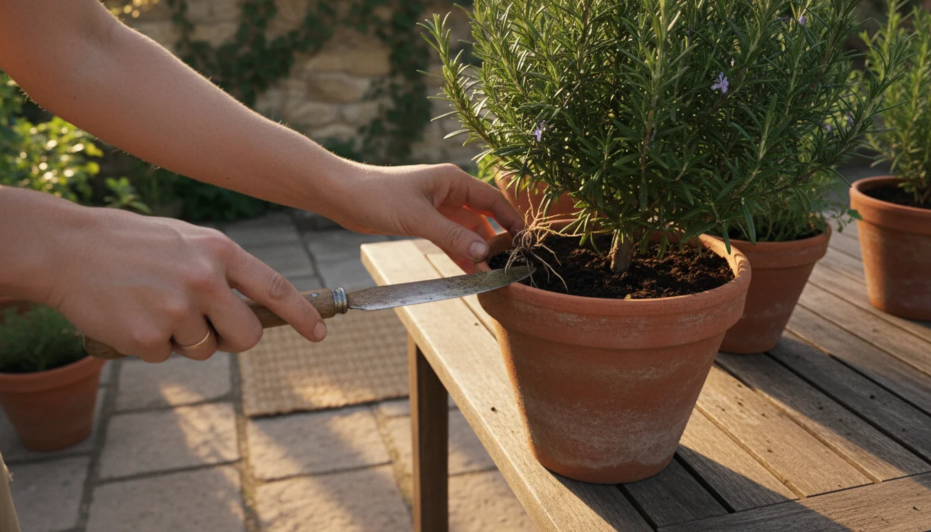 Hands using an old butter knife for root separation on a rosemary plant in a terracotta pot on a sunlit patio.
