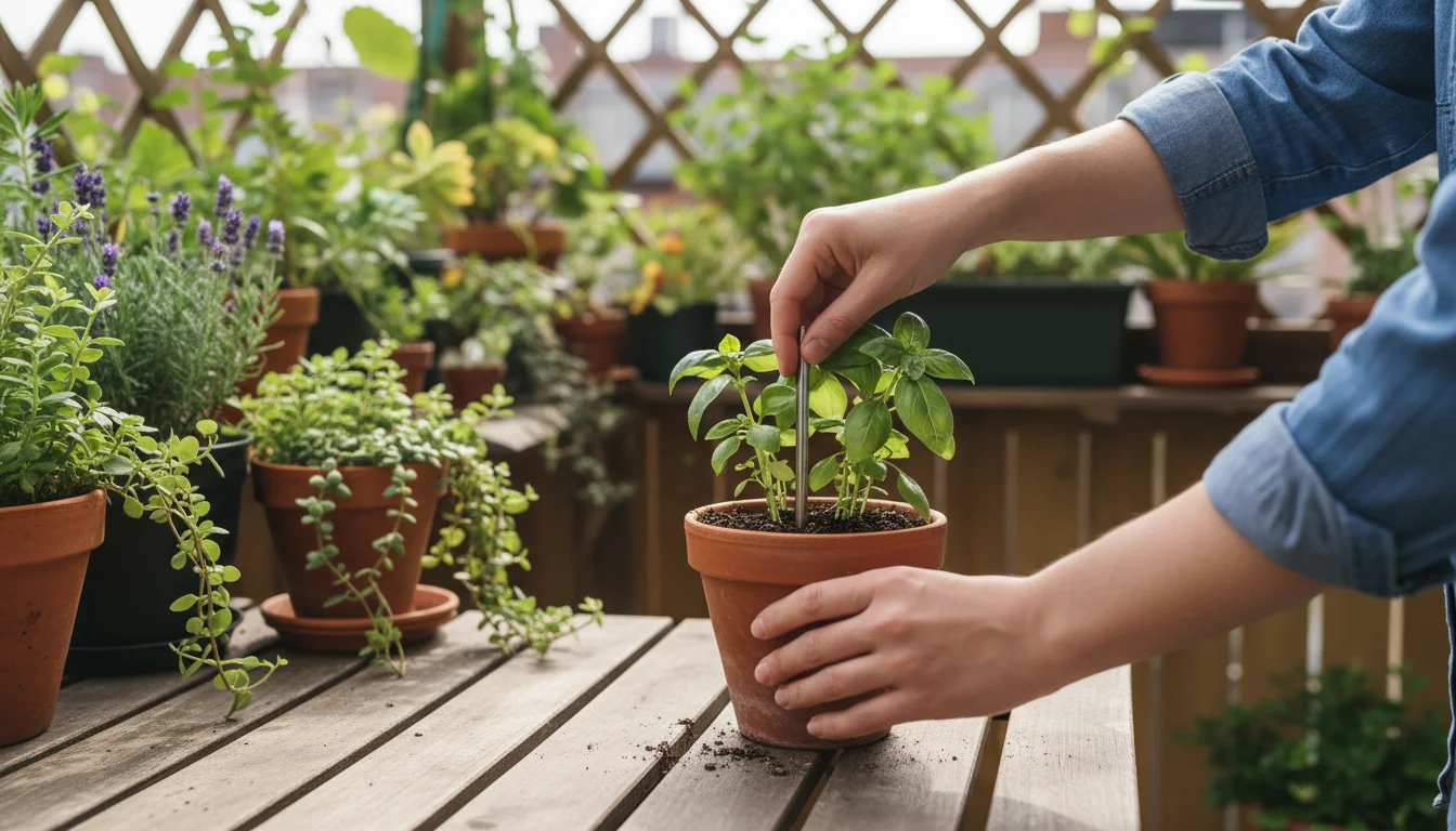 Close-up of hands using a pen-style soil pH test kit on a container-grown basil plant with slightly pale leaves on a rustic patio table.