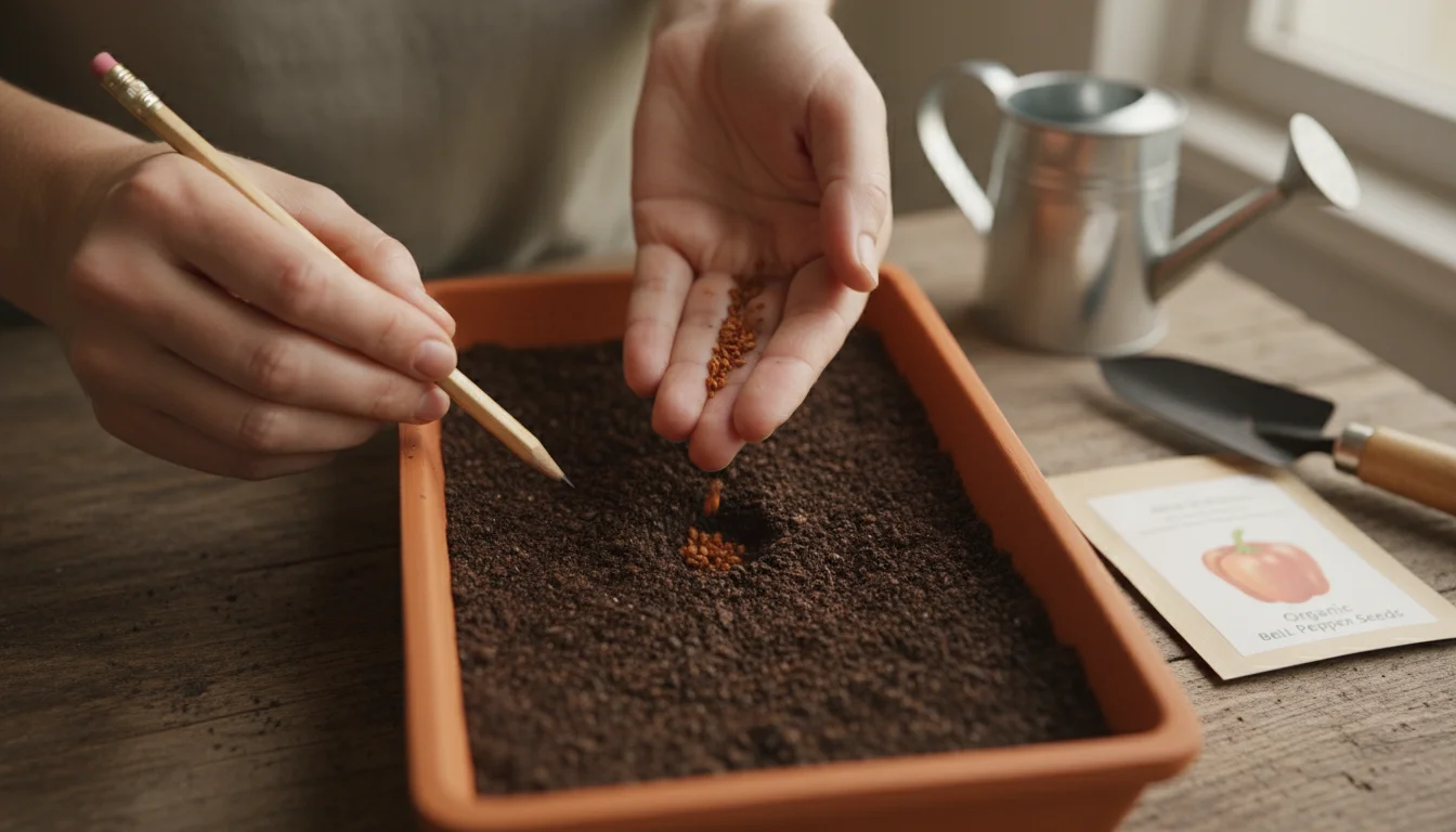 Close-up of hands using a pencil to make depressions in soil to sow medium-sized seeds in a terracotta tray indoors.