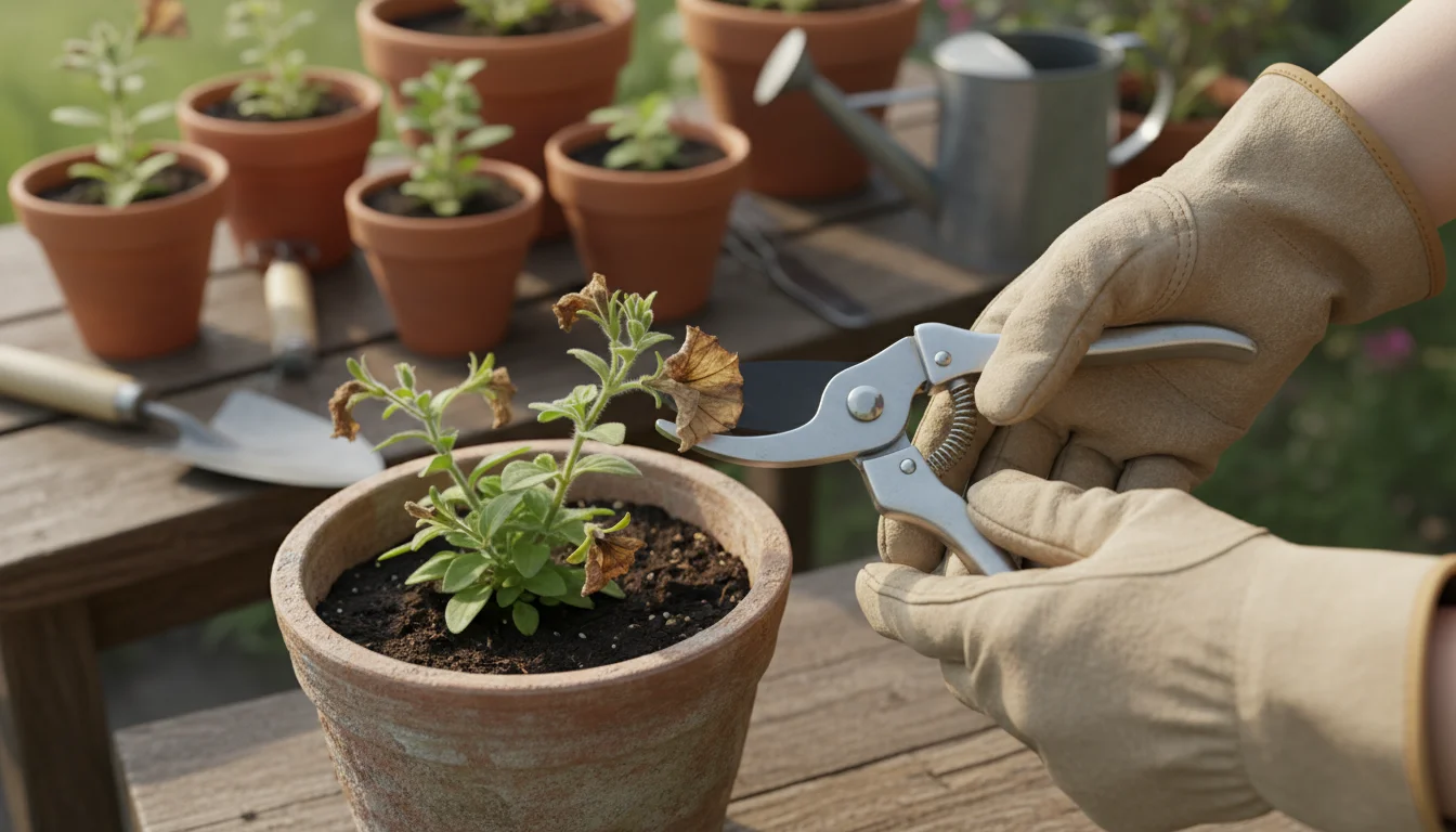 Close-up of hands using pruners to carefully remove a crispy, brown leaf from a heat-stressed petunia plant in a pot on a balcony.