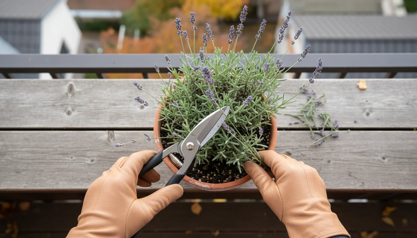 Overhead view of hands using pruning shears to trim a lavender plant in a terracotta pot on a wooden balcony railing, with fresh trimmings scattered a