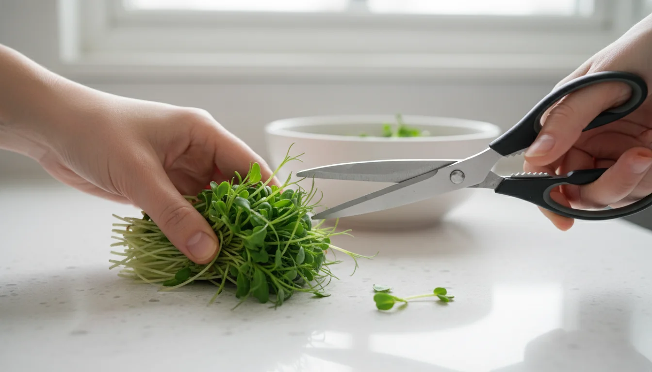 Extreme close-up of hands using sharp kitchen shears to precisely cut vibrant green microgreens just above the soil line in a small tray.
