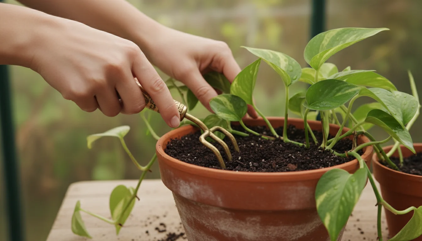 Hands using a small brass fork to gently loosen dark soil around a healthy Pothos plant in a terracotta pot.