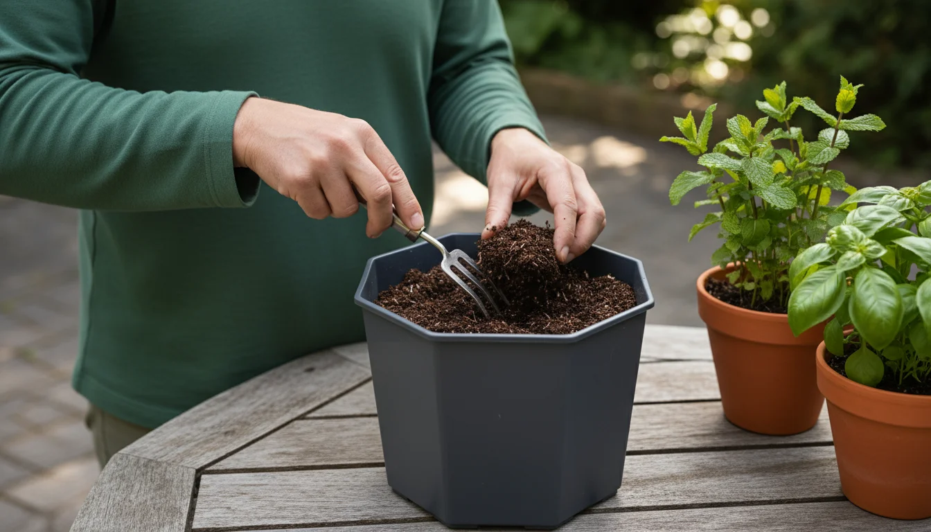 Hands using a small fork to aerate a compact, dark grey compost bin on a wooden patio table surrounded by potted herbs.