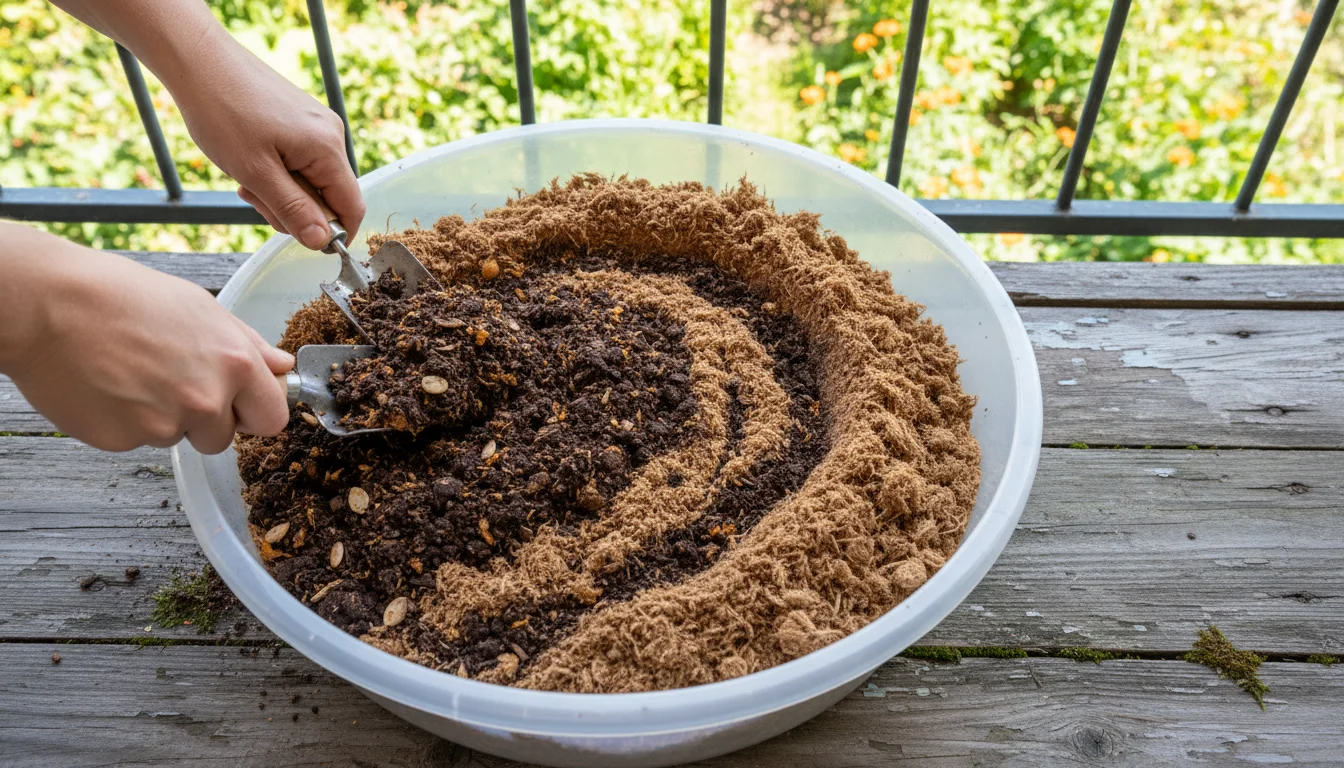 Hands using a small garden trowel to mix dark compost into a larger pile of lighter potting soil in a wide basin on a balcony.