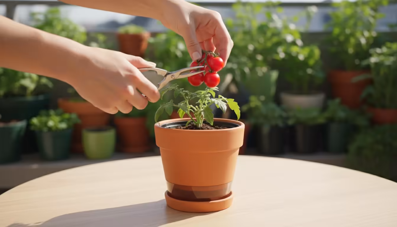 Close-up of hands using small gardening snips to harvest ripe 'Micro-Tom' tomatoes from a container plant on a patio table.