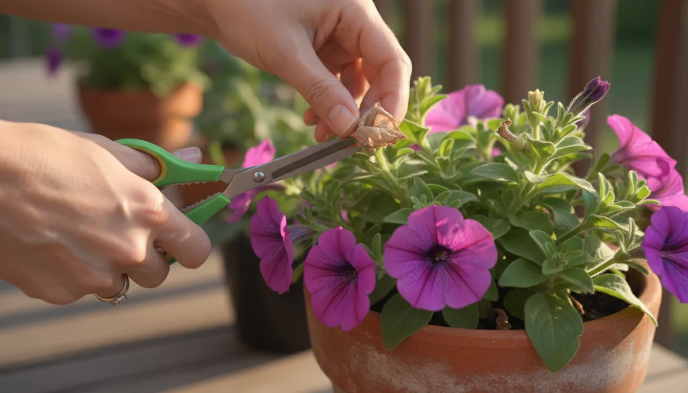 Close-up of hands using small kitchen scissors to deadhead a faded petunia bloom in a terracotta pot on a patio.