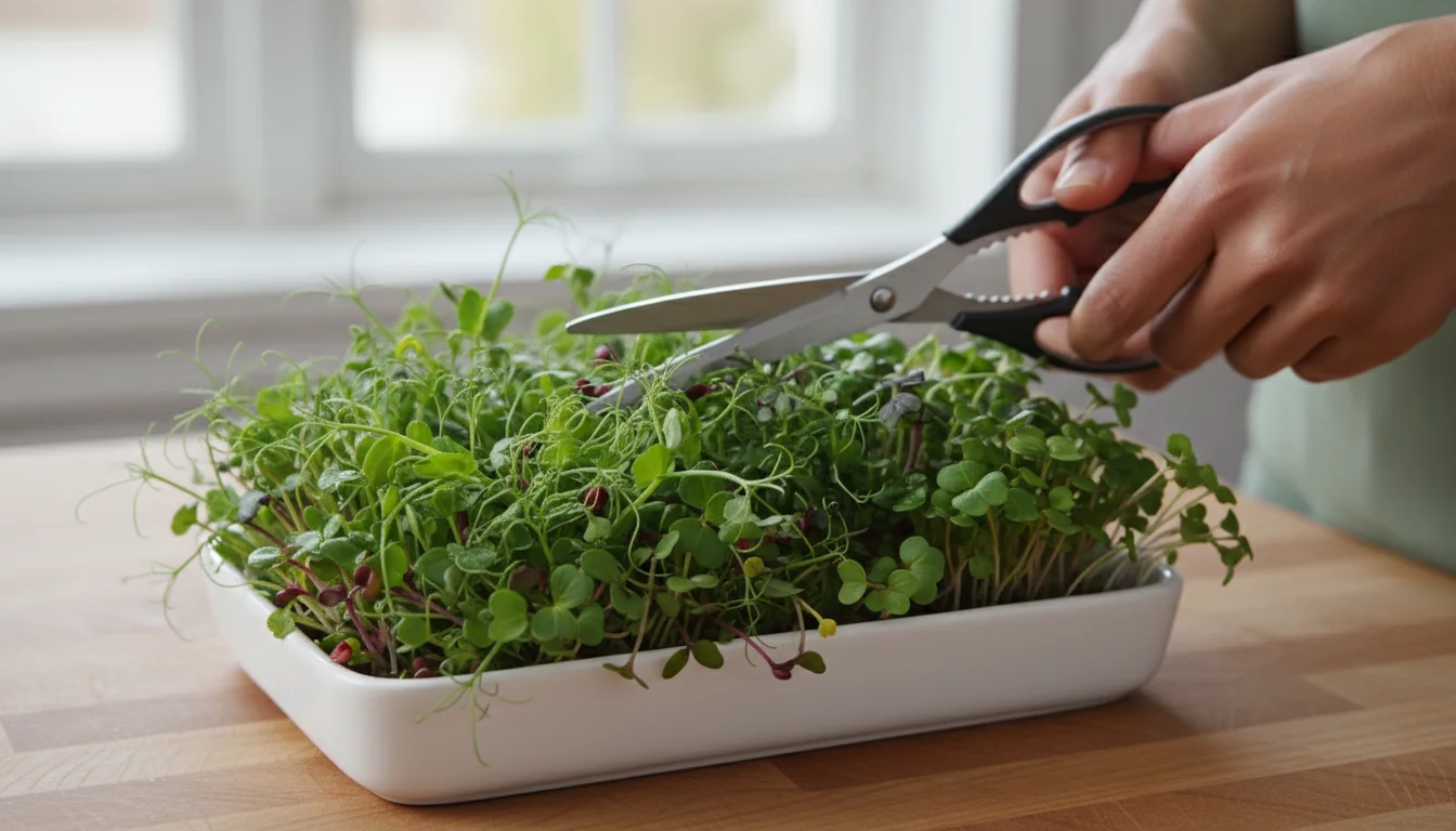 A close-up of hands using small kitchen shears to harvest vibrant microgreens from a white tray on a sunlit kitchen counter, with a bowl of collected