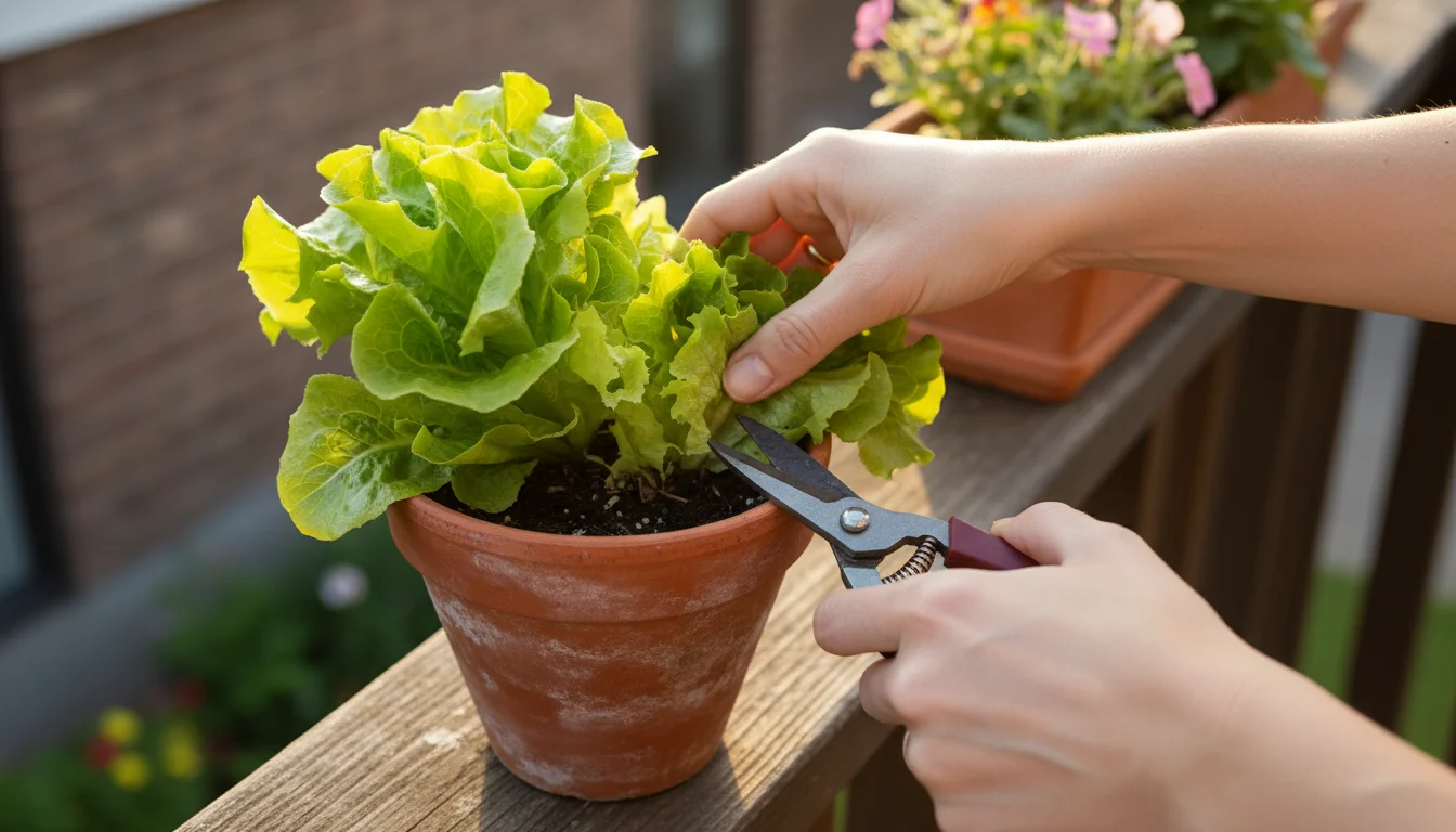 Close-up of hands using small, sharp scissors to snip an outer leaf from green loose-leaf lettuce in a terracotta pot.