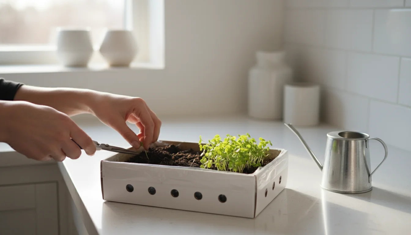 Hands using small snips to thin crowded basil seedlings in a white shoebox on a bright kitchen counter, bathed in morning light.