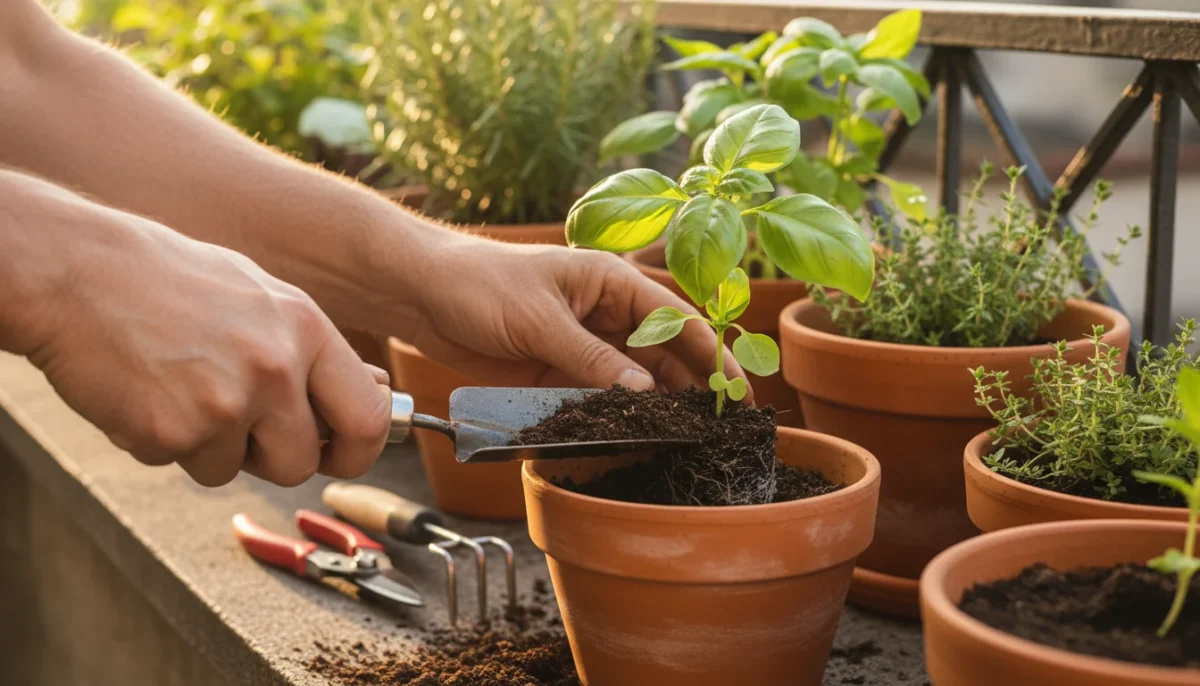Hands using a small trowel to plant a seedling in a pot, with other essential hand tools nearby on a balcony garden.