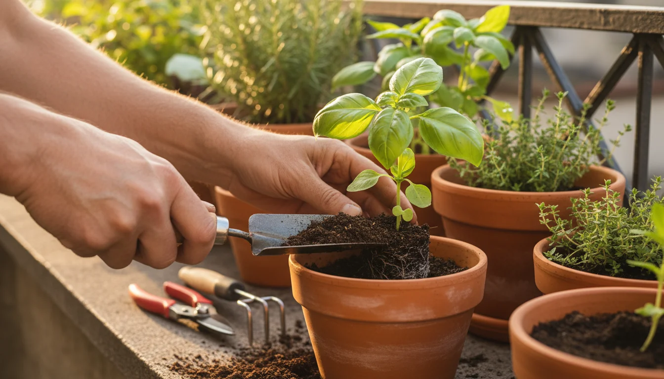 Hands using a small trowel to plant a seedling in a pot, with other essential hand tools nearby on a balcony garden.