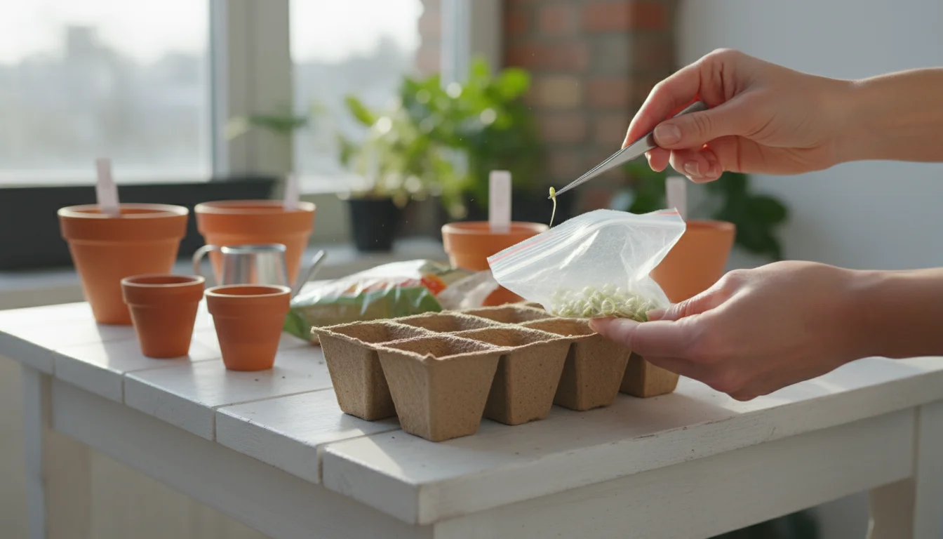 Close-up of hands using tweezers to carefully plant a sprouted seed from a small plastic bag into a seed-starting cell filled with soil.