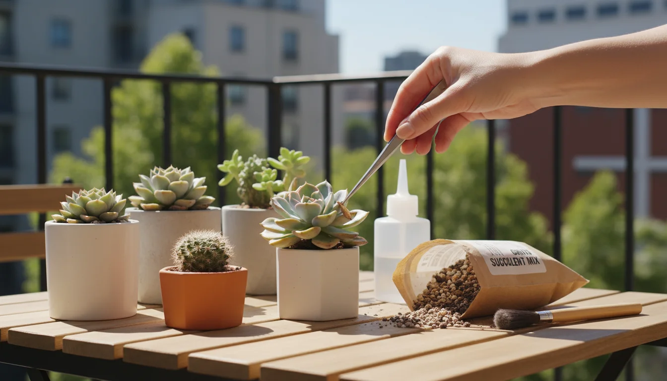 Close-up of hands using tweezers on a succulent, surrounded by a cactus, a small brush, gritty potting mix, and a watering bottle on a bright balcony 