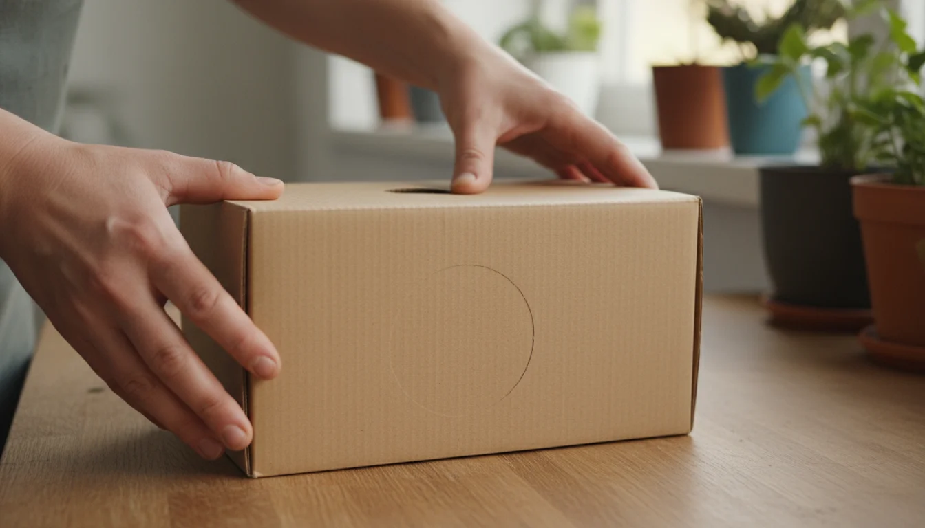 Close-up of hands using a utility knife to cut drainage holes in the bottom of a brown cardboard shoebox for seed starting.