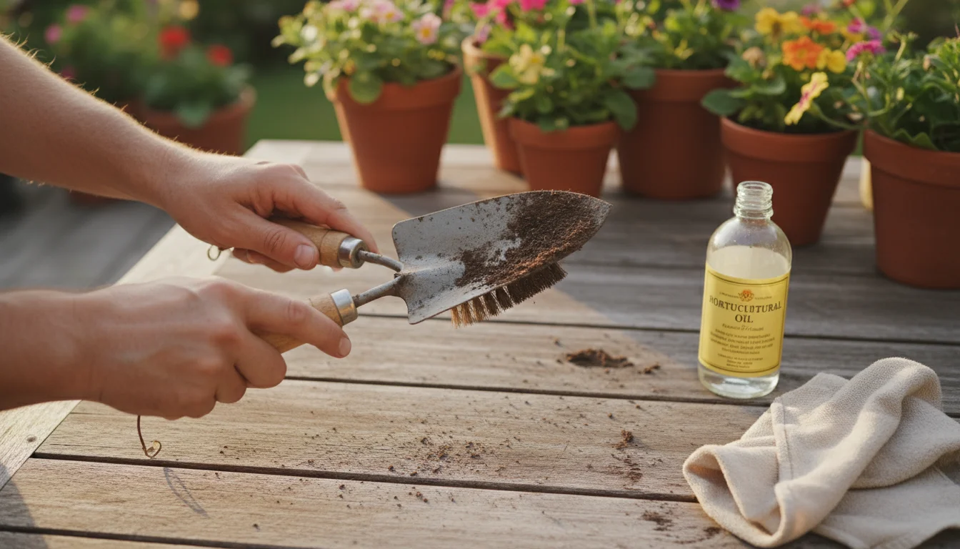 Hands using a wire brush to clean dried soil off a metal garden trowel on a wooden patio table, with oil and cloth nearby.