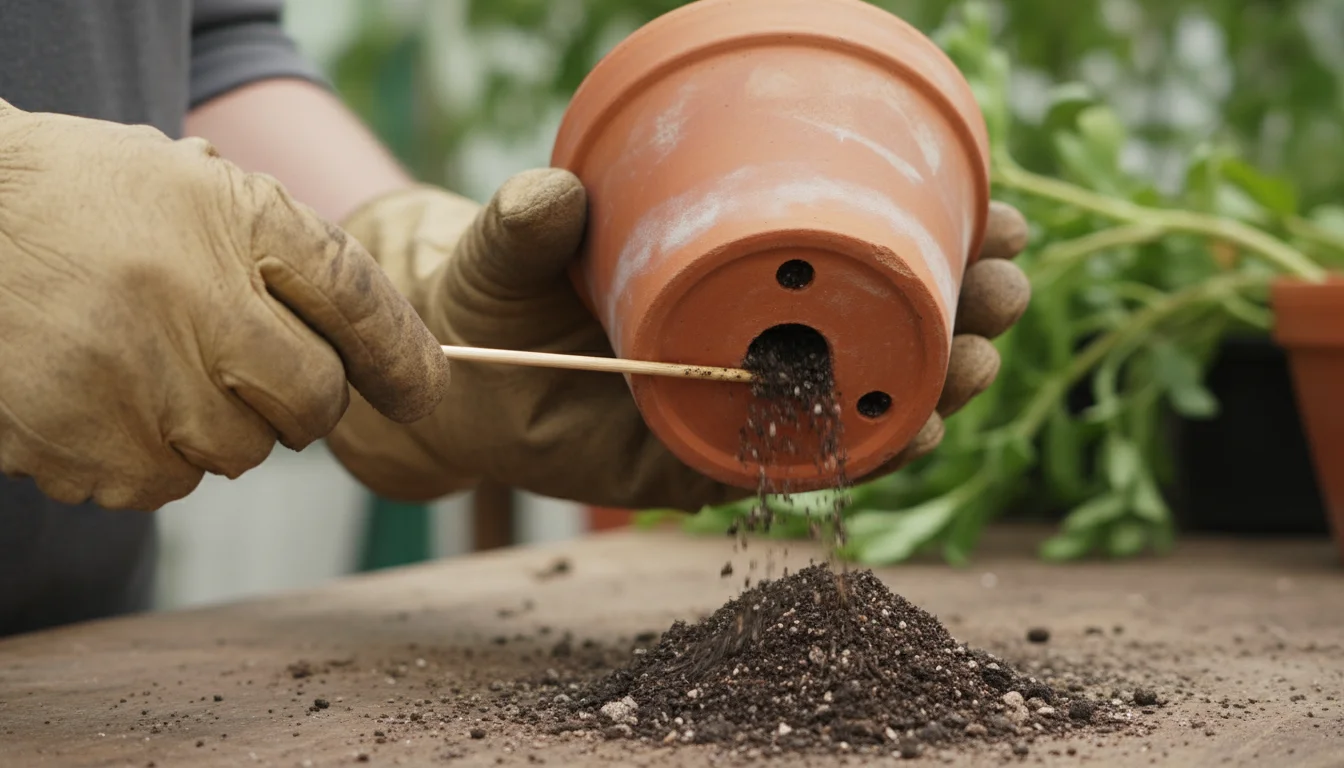 Close-up of hands using a wooden skewer to clear a blocked drainage hole on the underside of an empty terracotta pot on a balcony.