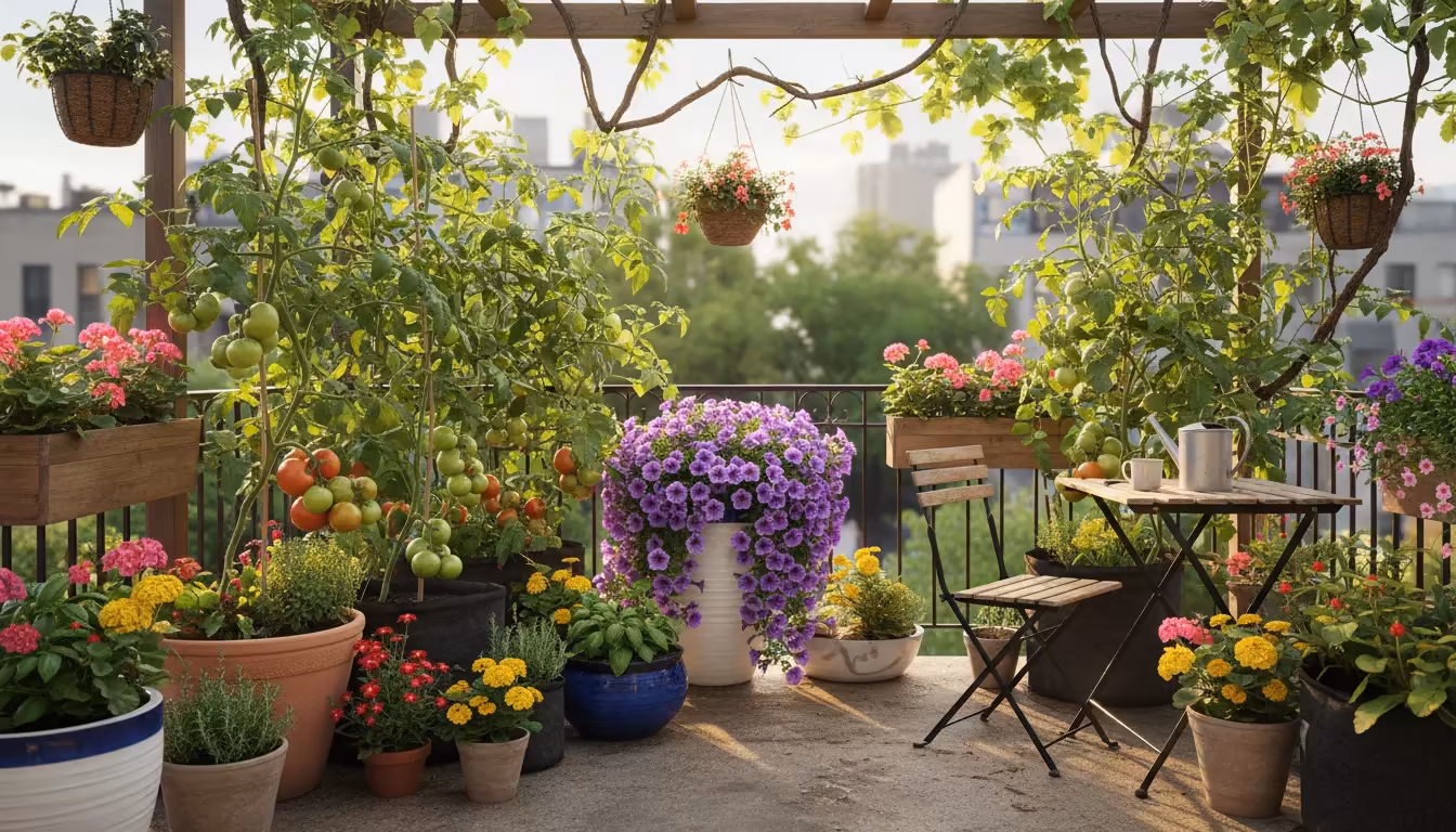 Hands gently tending a vibrant collection of thriving potted tomato plants and companion herbs on a sun-dappled small patio.
