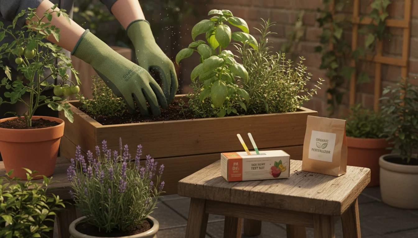 Hands tending a vibrant container garden on a sunny urban patio, with a soil test kit and organic fertilizer visible on a nearby wooden stool.