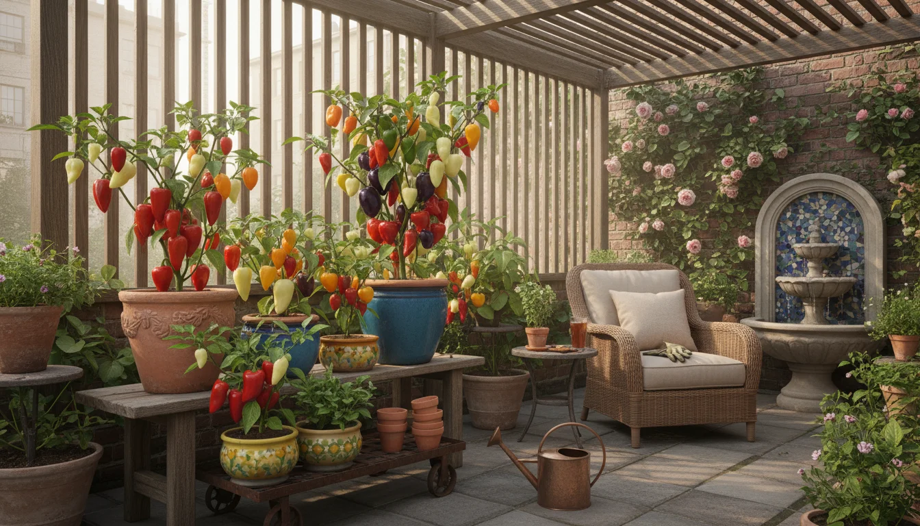 A close view of hands gently examining vibrant red bell peppers on a potted plant on a small urban patio.