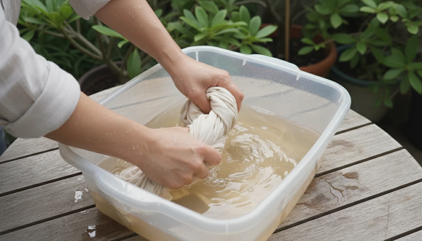 Hands vigorously agitating wet natural cotton fabric in a large sudsy basin on an outdoor table.