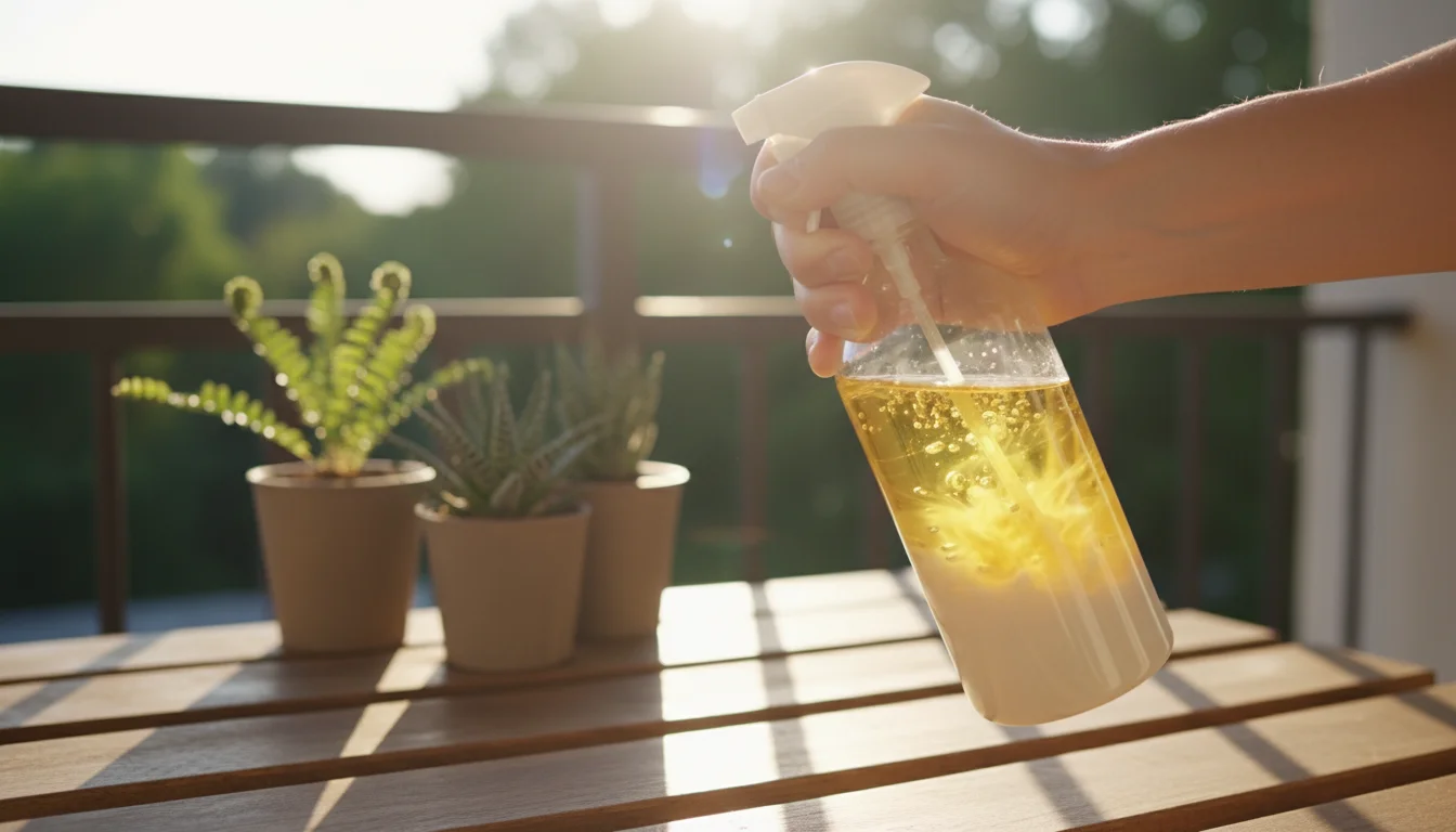 Hands vigorously shaking a clear spray bottle with visible oil separation on a sunny balcony table, potted plants blurred in the background.