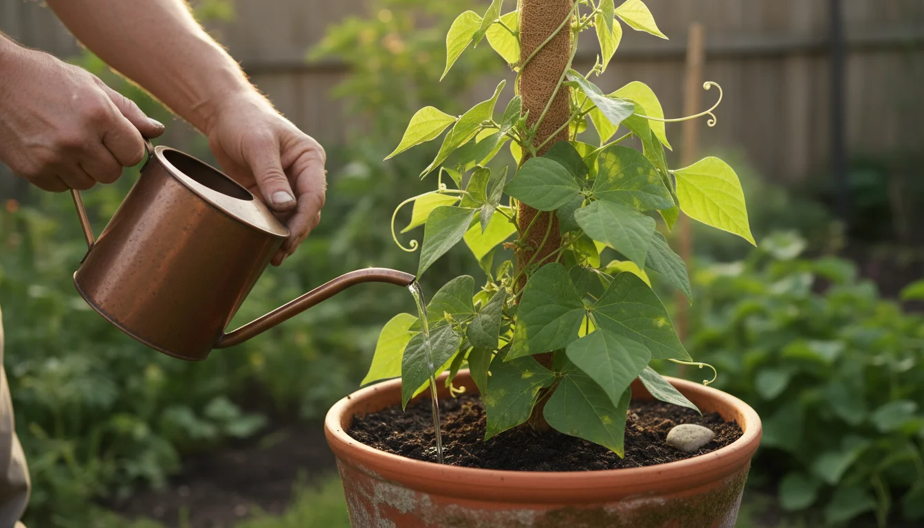 Hands carefully water the base of a vining bean plant in a terracotta pot, precisely directing water to the soil, avoiding the leaves.