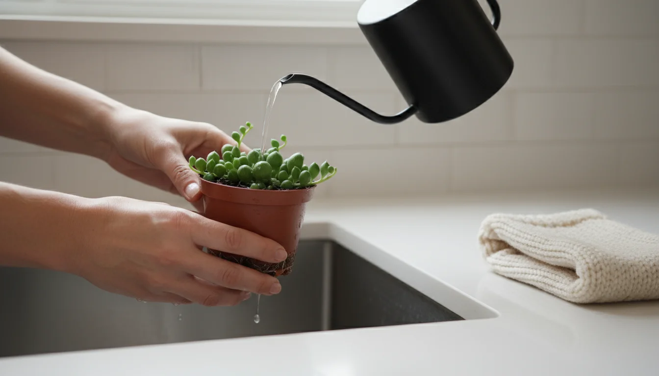 Hands water a small houseplant over a kitchen sink; its fabric pot sweater and a ceramic saucer sit on the counter.