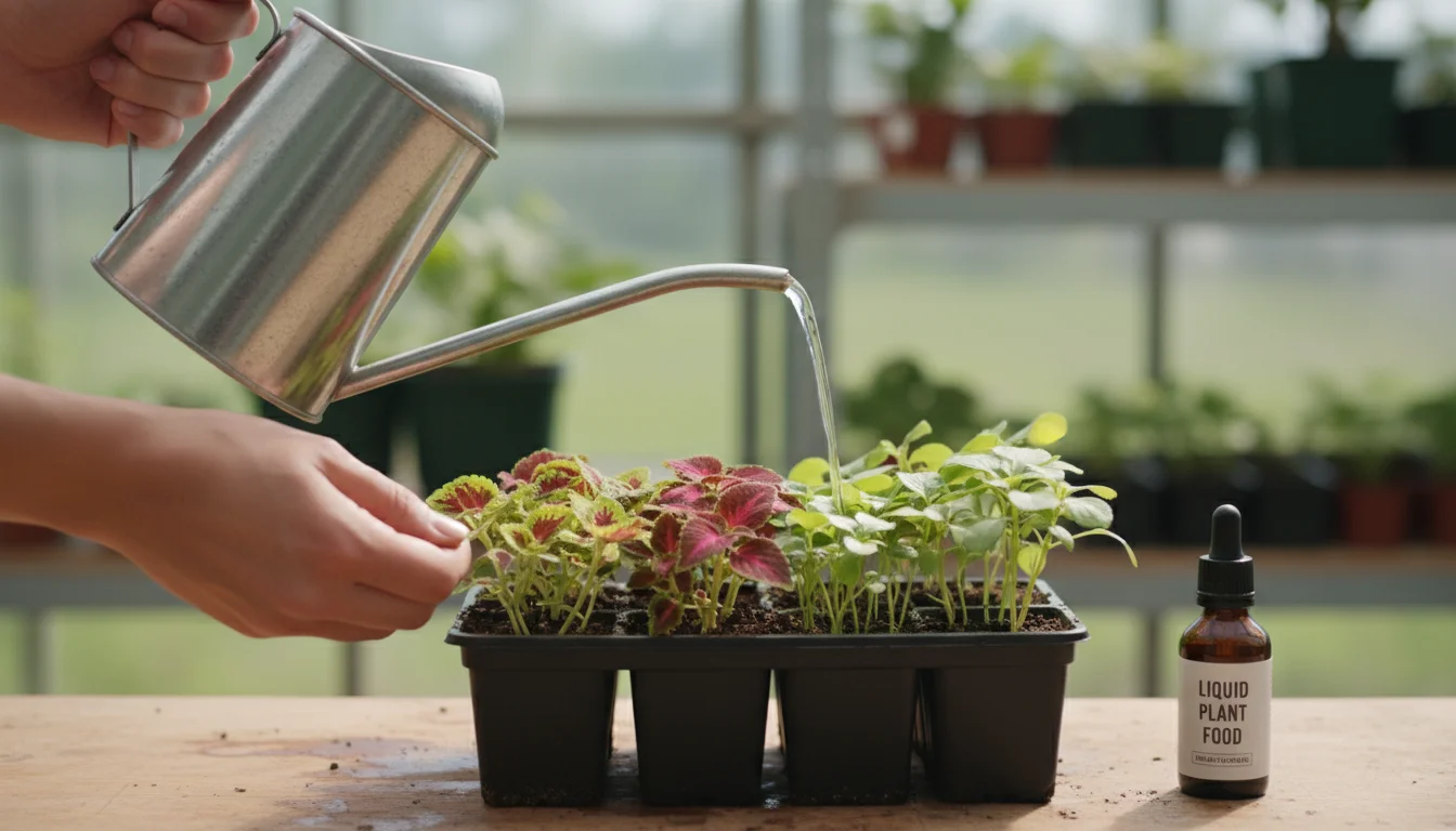 Hands gently water vibrant young seedlings in a rectangular pot with a slim watering can. A fertilizer bottle is nearby.