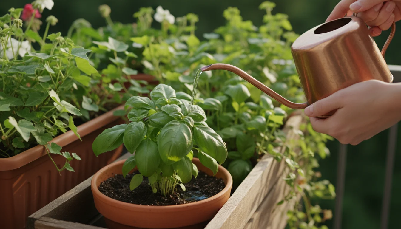 Hands carefully watering a basil plant in a terracotta pot within a balcony planter box, showcasing precise, efficient watering.