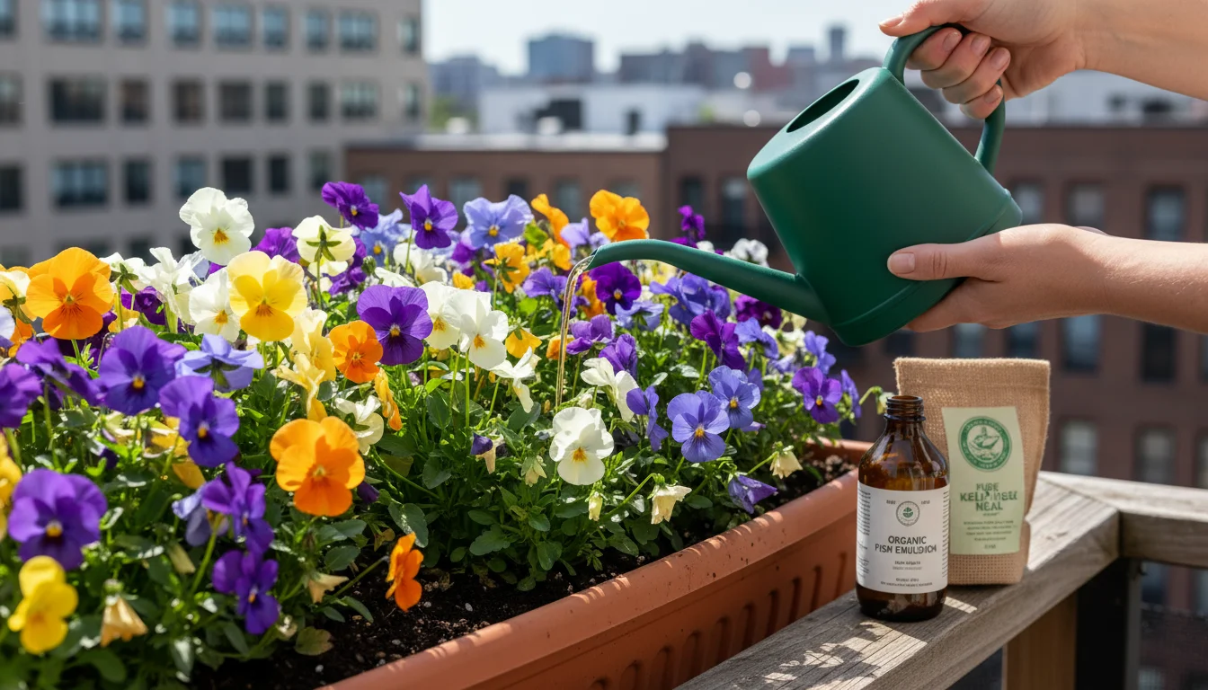 Hands watering colorful pansies and violas in a window box with organic liquid fertilizer. Fish emulsion and kelp meal bottles are visible.