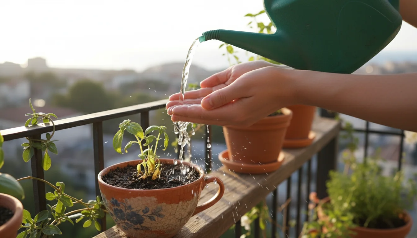 Close-up of hands watering a compact basil plant in a terracotta pot on a balcony railing, water hitting visibly dry soil.