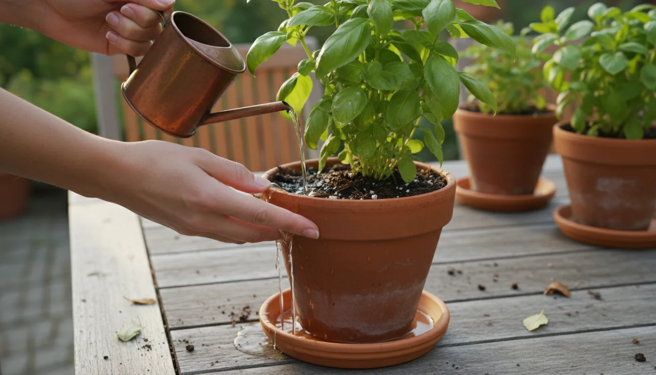 Hands watering a container herb, with water draining from the pot into a saucer on a patio table, showing proper soil drainage.