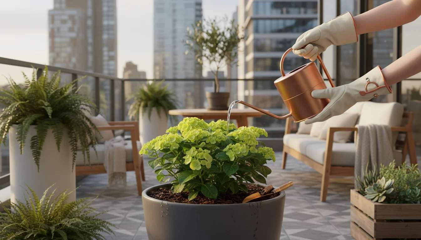 Hands gently watering a container mulched with dark shredded bark, helping it settle on a tidy urban balcony. Other pots with heavy mulches in backgro