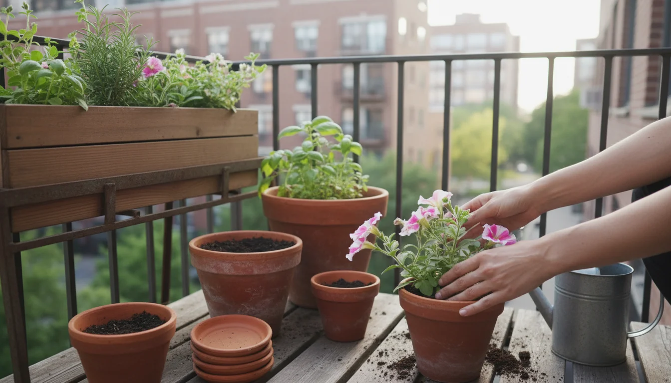 Hands gently watering a container plant showing subtle signs of stress on a balcony, using diluted kitchen scrap fertilizer tea from a repurposed pitc