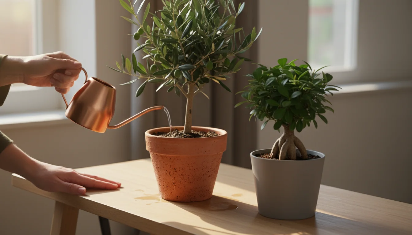 Hands watering a dwarf olive tree in a terracotta pot, next to a Ficus tree in a modern grey plastic pot, on a console table.