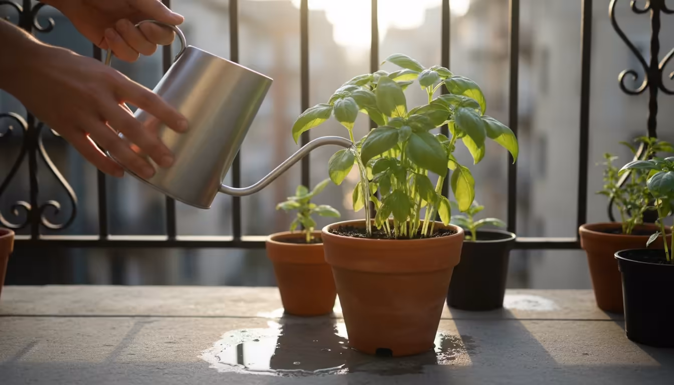 Hands watering a lush potted basil plant on a balcony during early morning, with water visibly soaking into the soil and draining from the pot.