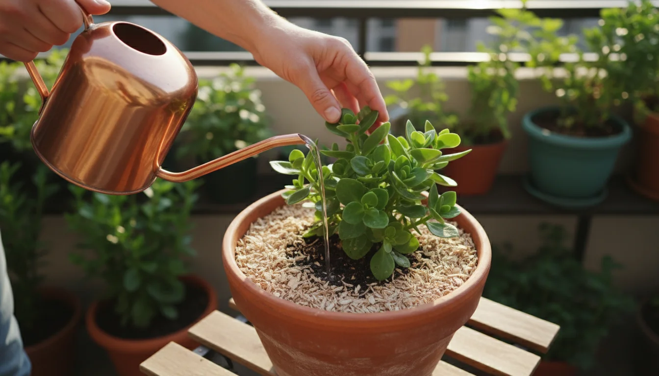 Close-up of hands watering a mulched container plant on a small urban balcony, water directed at the base.