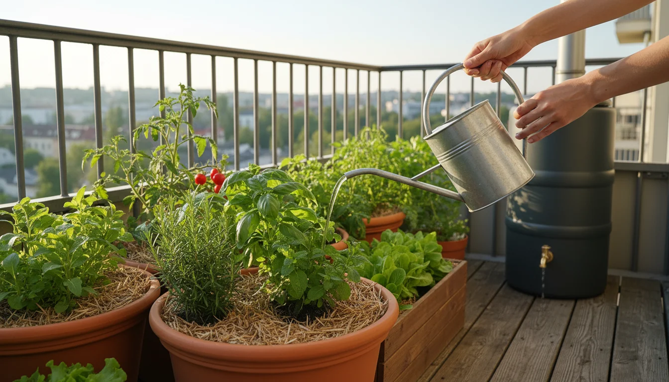Hands gently watering mulched container plants on a balcony in early morning light, with a small rain barrel visible behind them.