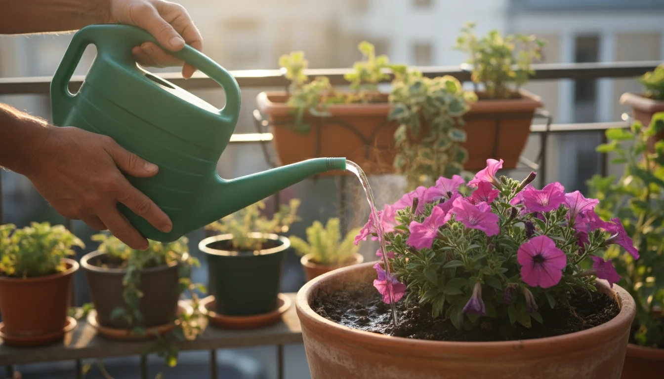 Close-up of hands watering a petunia in a terracotta pot on a sunny balcony early morning, water quickly soaking into dry soil.
