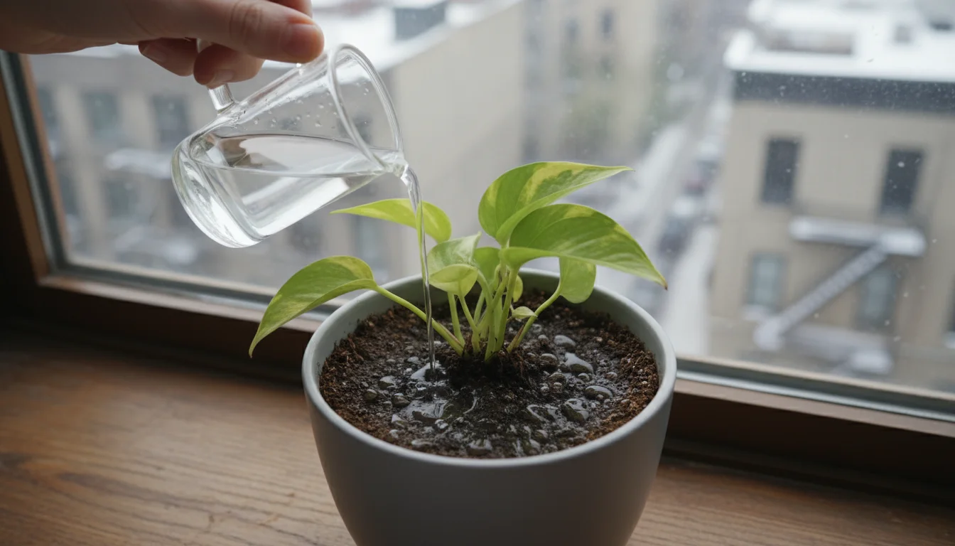 Hands watering a Pothos in a grey pot; water beads on the soil surface, refusing to absorb into the compacted mix.