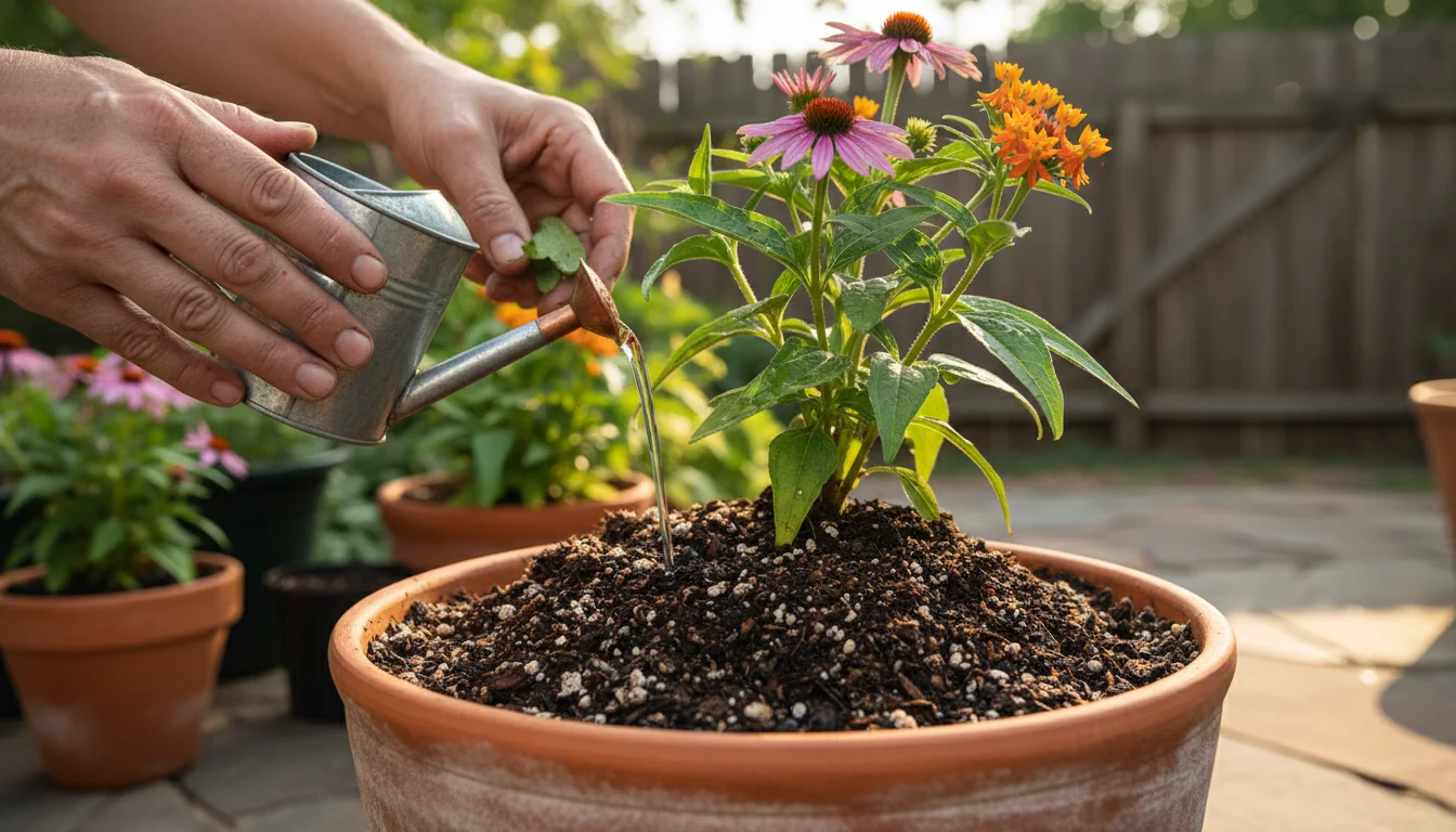 Close-up of hands watering rich, dark potting soil in a ceramic pot with a galvanized watering can, Olla pot visible.