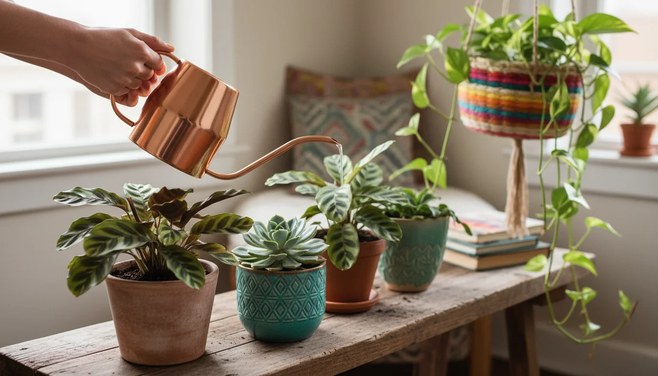 Hands watering a row of diverse potted plants on a wooden bench in an apartment with a thin-spouted watering can.