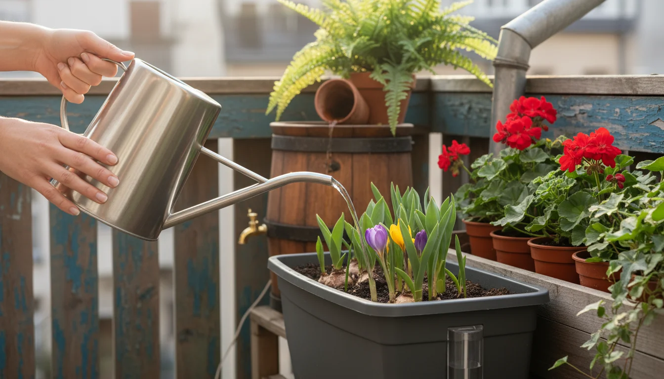 Close-up of hands watering a self-watering planter on a balcony, with a rainwater collection barrel in the background.