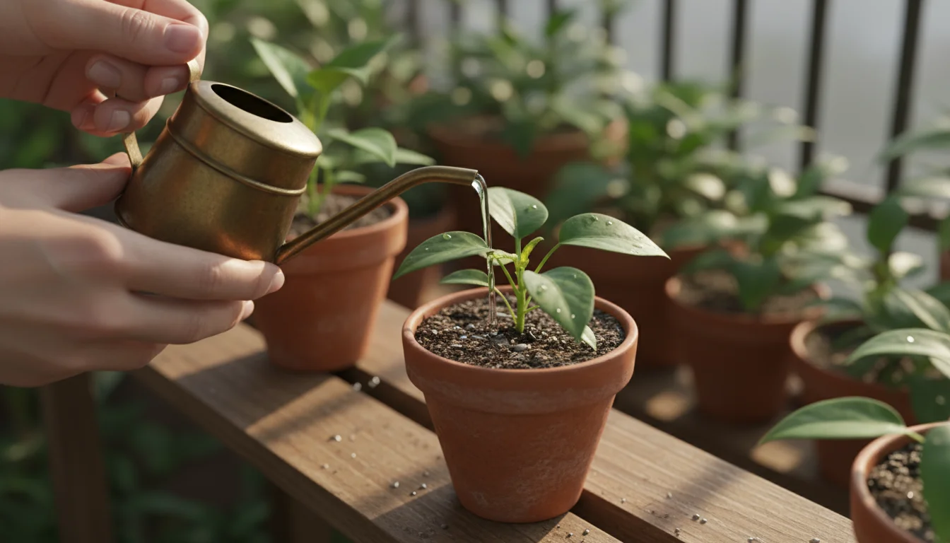Close-up of hands watering a small green plant in a terracotta pot on a balcony shelf, soil surface showing slight dryness.