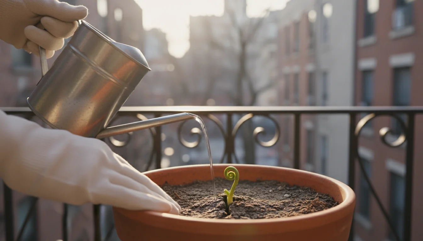 Hands carefully watering a small plant in a terracotta pot with dry soil on a balcony, showing a new sprout.