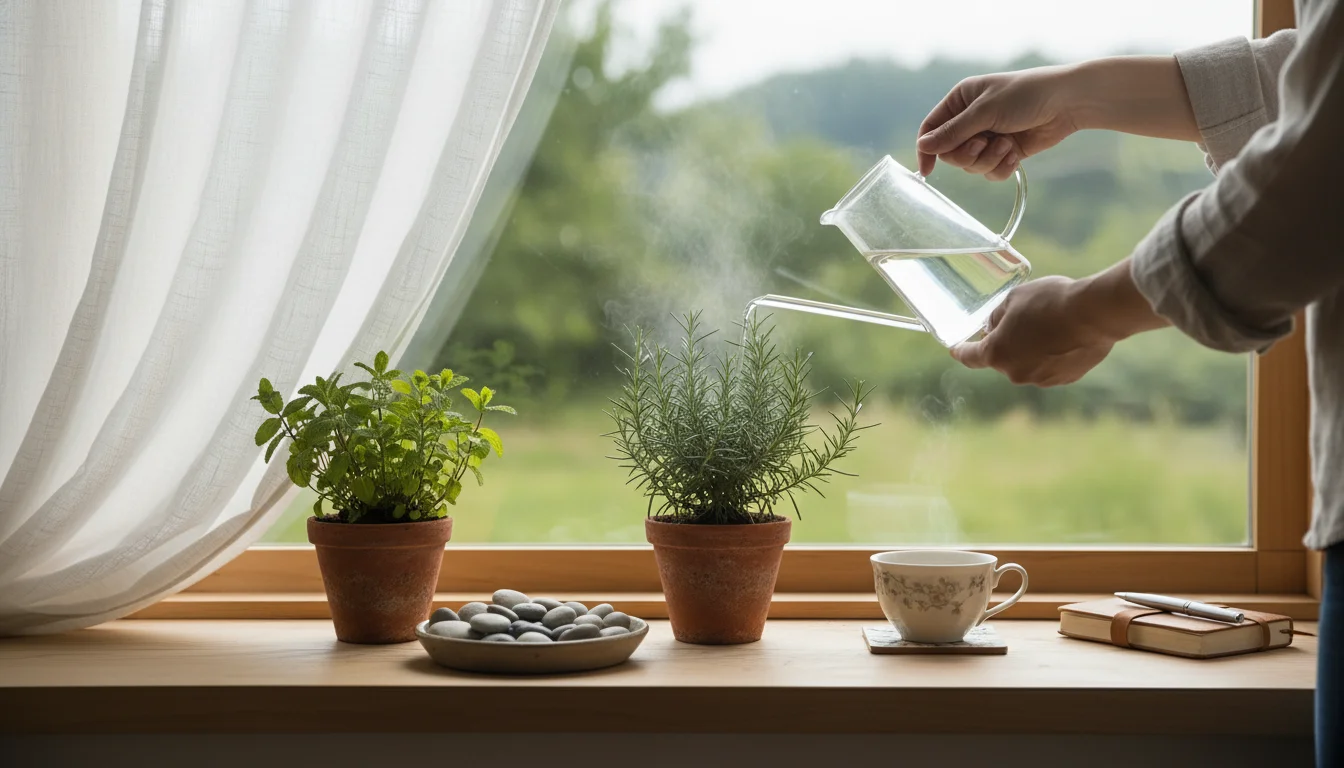 Hands gently watering a small rosemary plant in a terracotta pot on a sunlit windowsill, part of an indoor sensory garden.