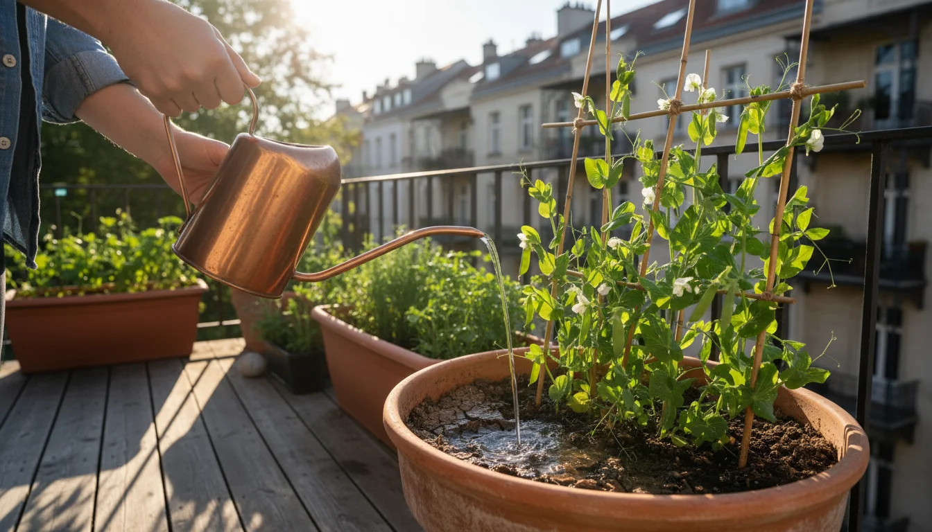 Hands watering sugar snap peas in a large terracotta pot on a sunny balcony, directing water onto the soil, avoiding foliage, with a DIY trellis.