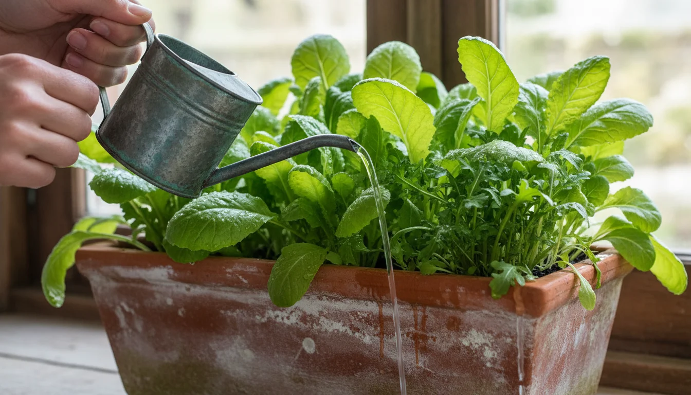 Hands watering a terracotta window box filled with leafy green plants, with water draining from the bottom.